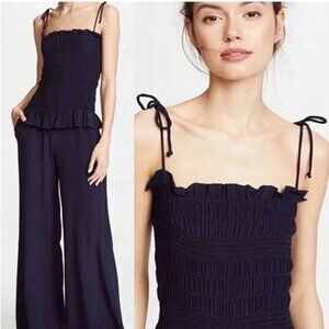 Tory Burch Costa Smocked Jumpsuit  100% Silk Navy Blue Size S With Pockets